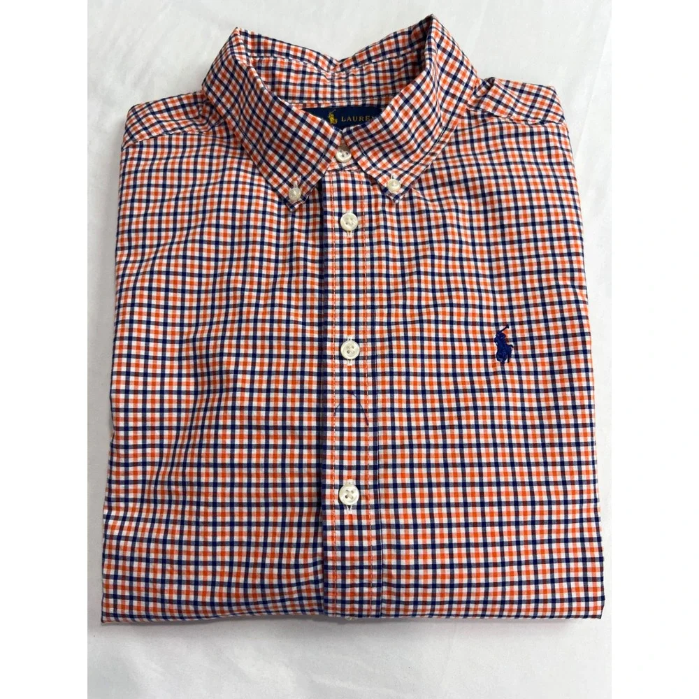 Ralph Lauren Button Down Kids Shirt Size L 14-16 Orange Blue Gingham Classic A57